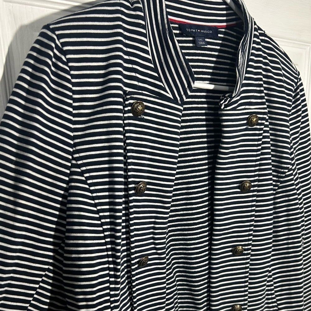 Tommy Hilfiger Striped Puff Sleeve Open Blazer Jacket Navy Large Gold Button - Picture 3 of 16